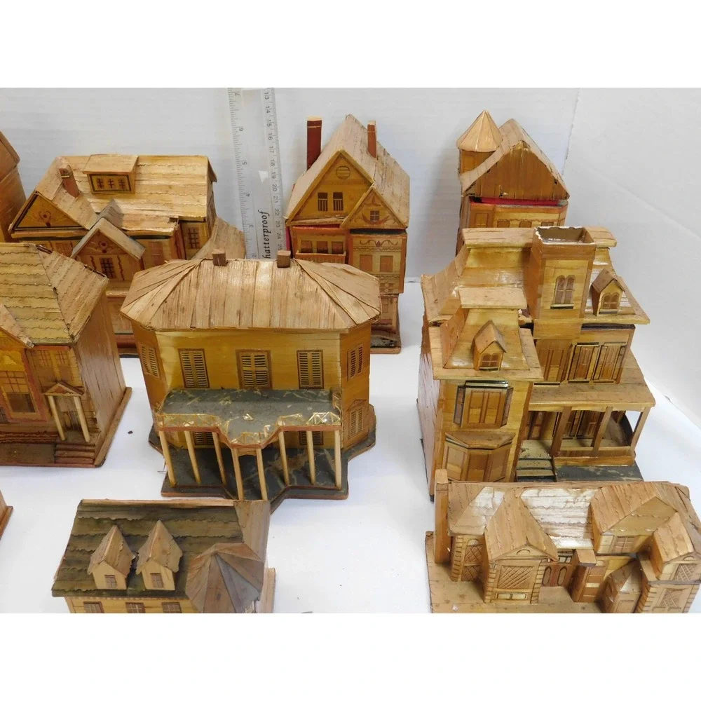 Lot of 11 Vintage Rare Bamboo Wheat Stalk Houses Trinket Box